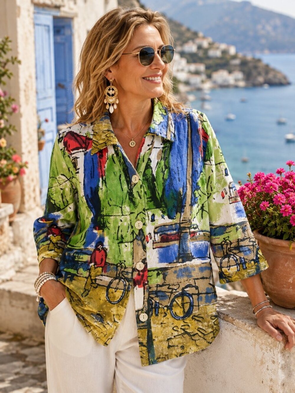 Michael Leu Wearable Art Cityscape Button Up L Top 3/4 Sleeve Coastal Grandma